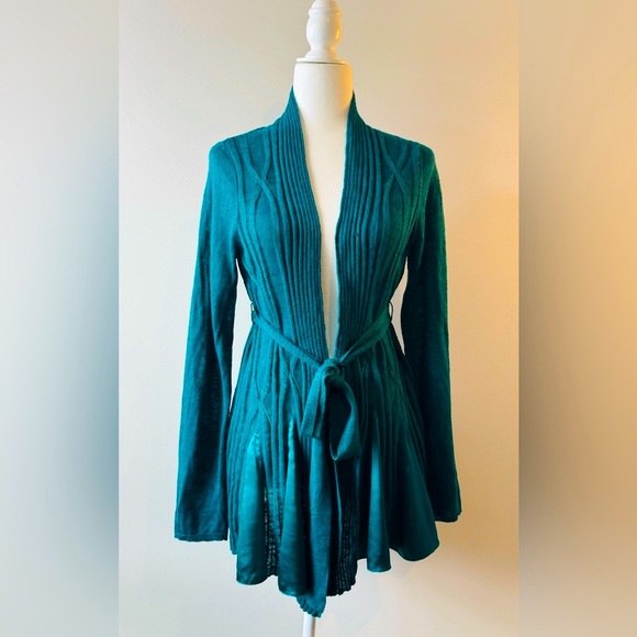 Anthropologie Sweaters - Anthro Knitted & Knotted Teal Open-Front Silk Trim Cardigan Sweater Size M NWT